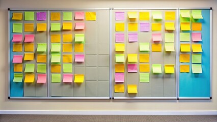 Software scrum agile board with paper task for agile software development methodologies, devops, agile