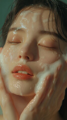 Fototapeta premium Smile asian young woman wash face with foam facial cleanser gel. Happy facial beauty massage show apply cosmetic product on skin cheeks routine with closed eyes fresh background. skincare spa salon
