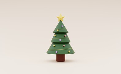 Green Christmas tree decorated with gold stars For the winter holiday season. 3d illustration