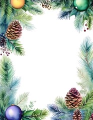Elegant watercolor Christmas tree border frame with ornaments and pine branches for festive designs. Generative AI