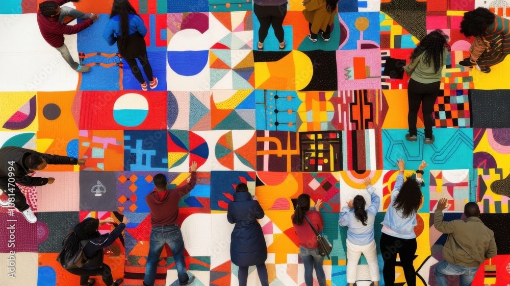 Poster a dynamic visual of a large, colorful quilt being stitched together by people from various cultural 