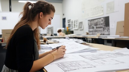 A young woman sits at a table in a bright, airy room, looking at a blueprint, while working on an architectural project.