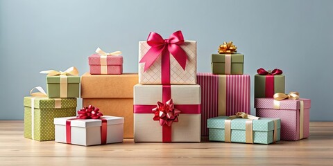 Obraz premium Gift boxes of various shapes and sizes, many presents rendering, gift boxes, presents, rendering, festive