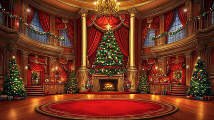 A grand, ornate ballroom decorated for Christmas with a large Christmas tree, a fireplace, and a red carpet.