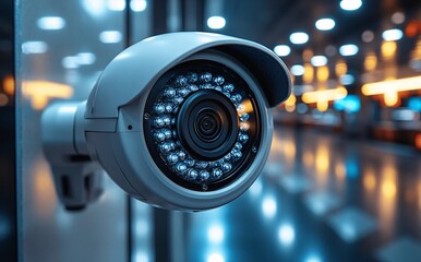  white security camera mounted on a wall, monitoring a modern interior space with blurred background.