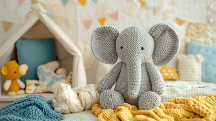 A gray crocheted elephant toy sits on a bed with blankets, pillows, and yarn.