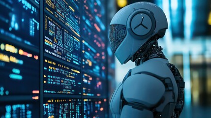 A humanoid robot stands before a wall of glowing digital screens, processing information and data.