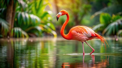 Fototapeta premium Flamingo standing gracefully in a pool of water, flamingo, bird, pool, water, pink, graceful, tropical, wildlife, elegant