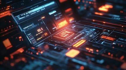 Obraz premium Abstract futuristic digital interface background with glowing red and blue data streams and symbols.