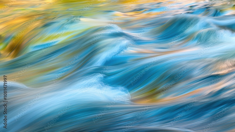 Poster a flowing river merging waters of varied colors into a single stream, metaphorizing the convergence 