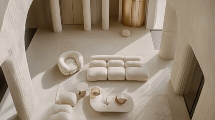Fototapeta premium Modern Minimalist Living Room with Cream Color Sofa and Natural Light Illuminating Organic Shapes and Textures in Contemporary Interior Design