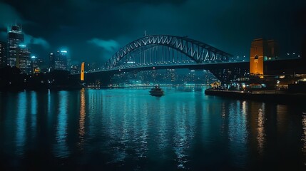 Obraz premium A boat travels under the Sydney Harbour Bridge at night, with the city skyline illuminated in the background.