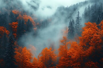 Misty Mountain Forest with Orange and Green Trees