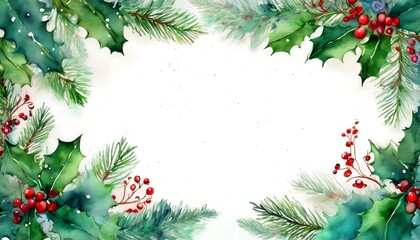 Festive New Year watercolor frame featuring holly berries and Christmas tree branches for celebratory occasions. Generative AI
