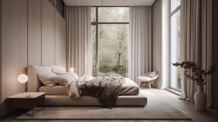 Luxurious modern bedroom interior with neutral colors, soft textiles, minimalist decor, and large windows letting in natural light, a cozy and inviting atmosphere