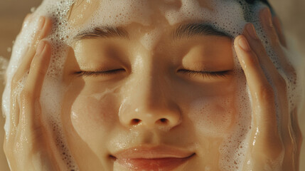 Smile asian young woman wash face with foam facial cleanser gel. Happy facial beauty massage show apply cosmetic product on skin cheeks routine with closed eyes fresh background. skincare spa salon