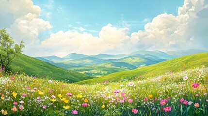 Fototapeta premium Lush Spring Hills with Blooming Wildflowers