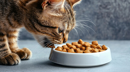 Naklejka na ściany i meble A cat kitty eating cat food in bowl cute pet background with copy space. good for pet food healthy snack care meal product service advertising wallpaper