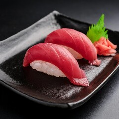 Clean Presentation of Maguro Nigiri Sushi with Fresh Tuna and Wasabi, Captured on a Sleek Black Plate for a Bold and Modern Look