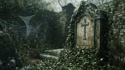 A weathered stone headstone with a cross sits in a forgotten graveyard, overgrown with ivy and spider webs.