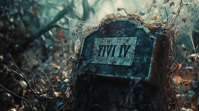 A weathered stone marker with the Roman numeral '1994' inscribed on it, surrounded by overgrown foliage and cobwebs, hinting at the passage of time.