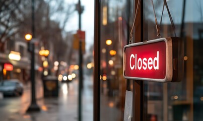 A red 'Closed' sign hangs on a glass door, with a blurry city street in the background.