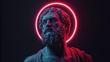 A close-up of a classic white marble bust sculpture of a man with a beard against a black background with a bright pink neon circle behind the head.