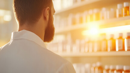 Fototapeta premium A pharmacist examines medication bottles in a brightly lit pharmacy, highlighting a dedicated approach to health and wellness.
