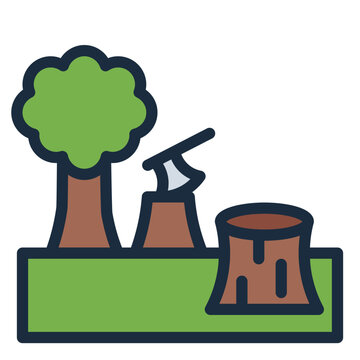 filled line icon showing deforestation and its impact on the environment.