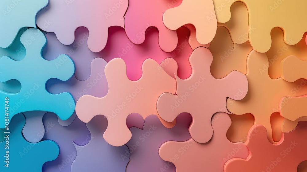 Aufkleber A gradient of interlocking geometric shapes in varying colors, symbolizing the harmonious fit and integration of different elements within an inclusive framework, minimalist style