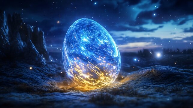 Glowing Ethereal Egg Floating Above Otherworldly Cliffside Galaxy