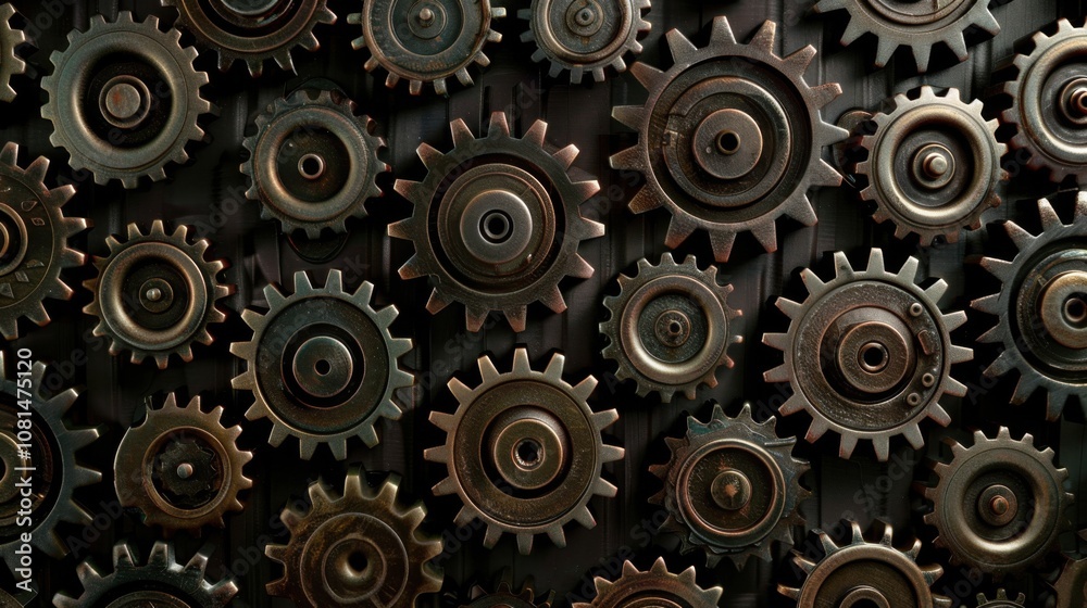 Aufkleber A grid of differently sized gears turning in unison, Depicting the synchronized effort of diverse talents in achieving common goals, photography style