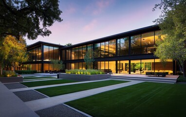 Fototapeta premium Modern architectural building with glass facade and landscaped surroundings at dusk.