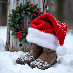 Cozy boots and a festive hat nestled in snowy surroundings fit for a holiday celebration, photography of winter scene concept.