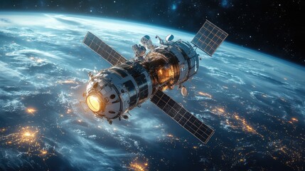 A spacecraft orbits Earth, showing the planet's atmosphere, clouds, and city lights.