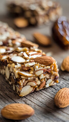 Nutty almond energy bar surrounded by whole almonds and dates on a rustic wooden surface, ideal for a healthy snack or post-workout boost. Delicious and nutritious choice!
