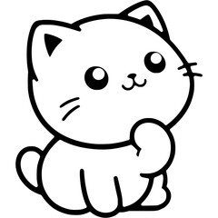 Obraz premium Small white kitten thought and held his chin with his paw in monochrome. Simple minimalistic vector in black ink drawing on transparent background