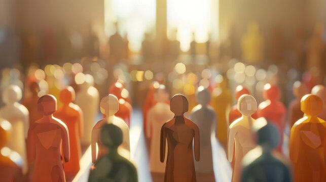 A group of 3D models depicting diverse religious beliefs against a softly blurred sacred site, Celebrating inclusivity in spiritual spaces, photography style