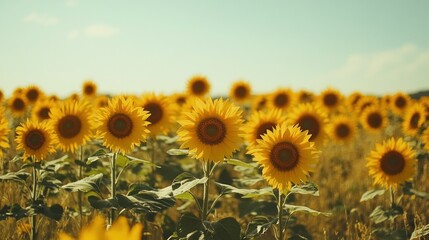 Obraz premium A field of vibrant yellow sunflowers under a blue sky with soft clouds.