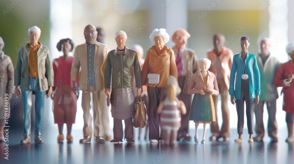 Poster a group of 3d representations of diverse age groups against a softly blurred retirement community, c