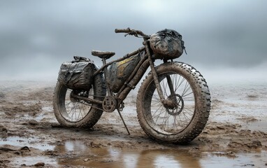 A highly detailed, ultra-realistic photograph of an all-stone bike, complete with a small backpack on the handlebar, standing in a mixture of mud and wet sand. 