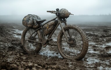 Obraz premium A highly detailed, ultra-realistic photograph of an all-stone bike, complete with a small backpack on the handlebar, standing in a mixture of mud and wet sand. 