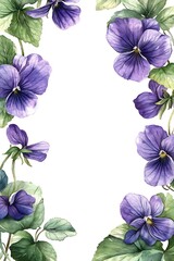Elegant watercolor illustration of purple violets framing a blank space for creative designs and invitations