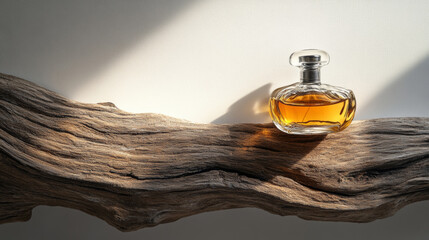 3D perfume bottle glass cologne surround by wood mockup natural woody scent fashion beige white background. for cosmetics beauty spa salon minimalism elegant product photography with copy space