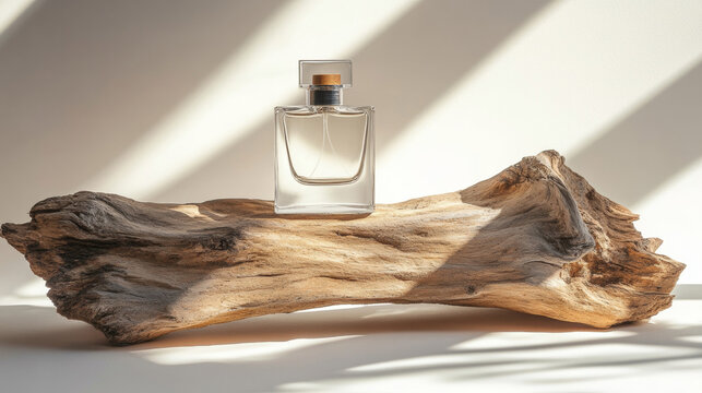 3D perfume bottle glass cologne surround by wood mockup natural woody scent fashion beige white background. for cosmetics beauty spa salon minimalism elegant product photography with copy space