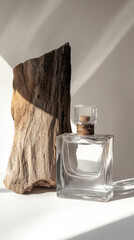 3D perfume bottle glass cologne surround by wood mockup natural woody scent fashion beige white background. for cosmetics beauty spa salon minimalism elegant product photography with copy space