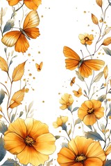 Enchanting orange butterflies and floral elements in a serene composition of nature's beauty and elegance
