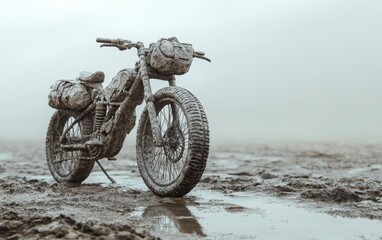 Obraz premium An ultra-realistic photo of an all-stone bike, with a small backpack on the handlebar, standing in wet sand and mud. 