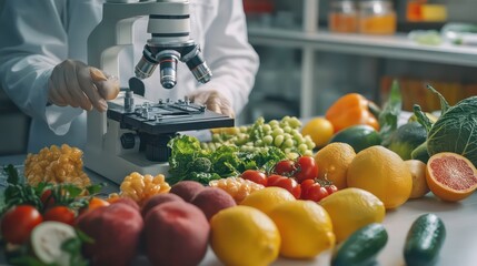 A scientist in a lab coat uses a microscope to examine a sample of produce, surrounded by fresh fruits and vegetables.