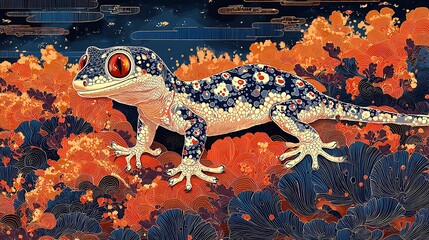 Colorful Gecko with Abstract Floral Background